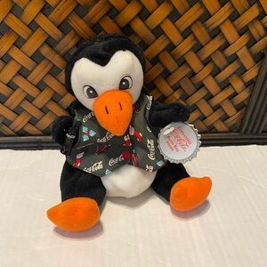 Penguin with Coca-Cola bottle in holiday vest plush VTG 1998 collectible #0172